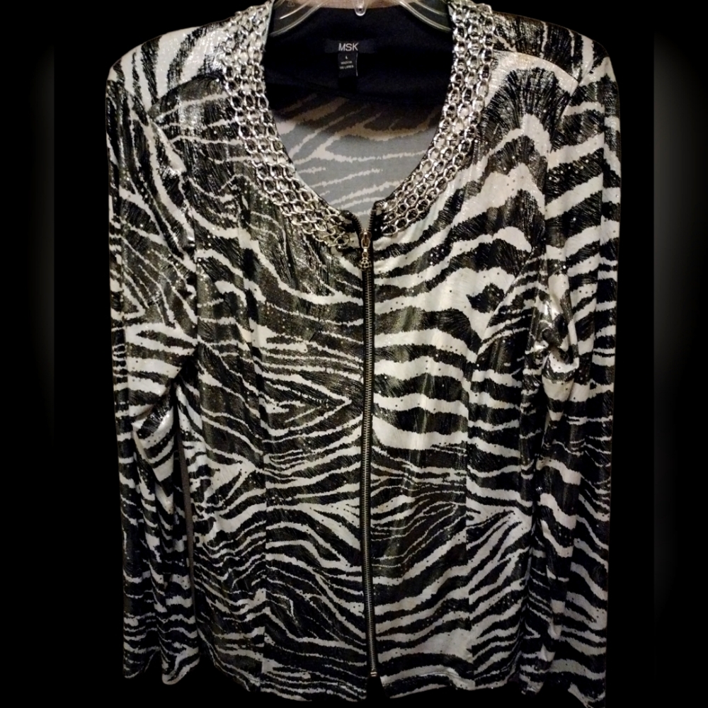🦓 Print MSK size Large Zip up Blouse with Shoulder pads